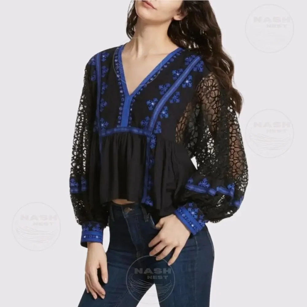 Free People M Boogie All Night Peasant Blouse | Black Lace, Blue Embroidery